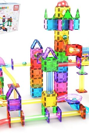 The PicassoTiles 70pc Marble Run Magnetic Tiles STEM Set for Kids Ages 3 and Older Magnet Tile Marbles Maze Building Blocks Brain Development Toy Preschool Educational Learning Construction Playset PTG70