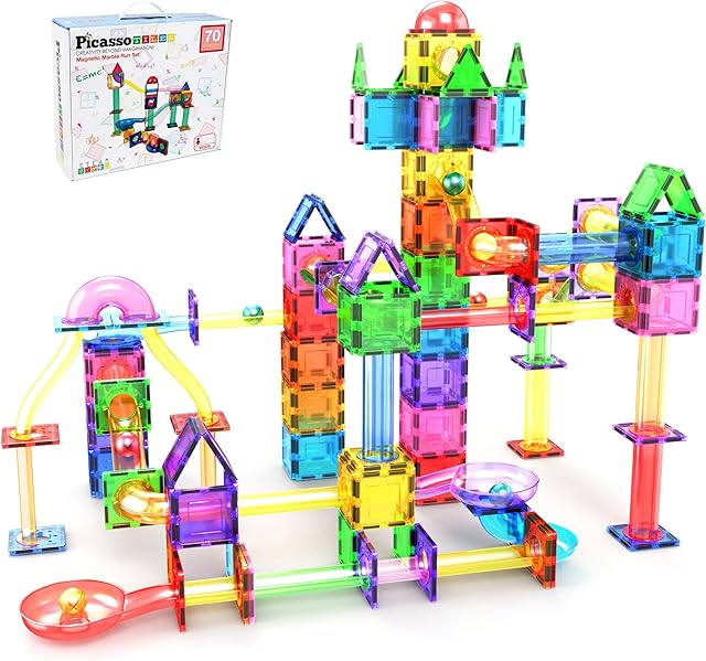 The PicassoTiles 70pc Marble Run Magnetic Tiles STEM Set for Kids Ages 3 and Older Magnet Tile Marbles Maze Building Blocks Brain Development Toy Preschool Educational Learning Construction Playset PTG70