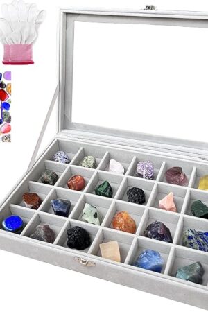 The Rock Collection Display Case, Crystal Storage Box with 24 Grids and Gem Knowledge Handbook for Kids, Gem and Stone Collection Case for Display