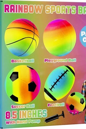 The Rainbow Sports Balls for Kids & Toddlers - (Pack of 4) 8.5-Inch Neon Sport Ball Set Includes Football, Soccer, Basketball, & Playground Balls, Inflatable Indoor & Outdoor Fun Toys - Birthday Gift