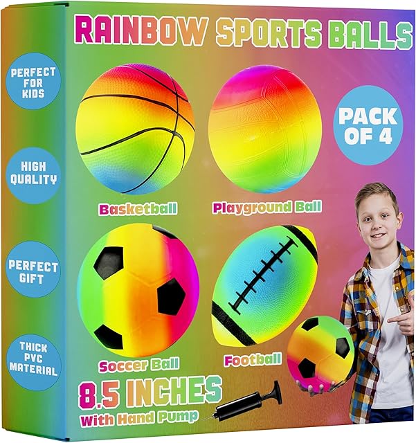 The Rainbow Sports Balls for Kids & Toddlers - (Pack of 4) 8.5-Inch Neon Sport Ball Set Includes Football, Soccer, Basketball, & Playground Balls, Inflatable Indoor & Outdoor Fun Toys - Birthday Gift