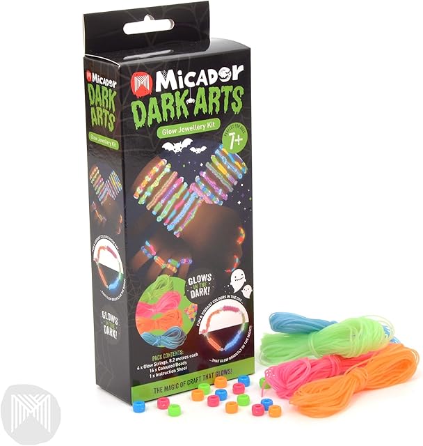 The Micador Dark Arts, Glow Jewellery Kit - Glow in The Dark Jewelry kit with Glow String + Beads - Black Light Activities - Ages 7+