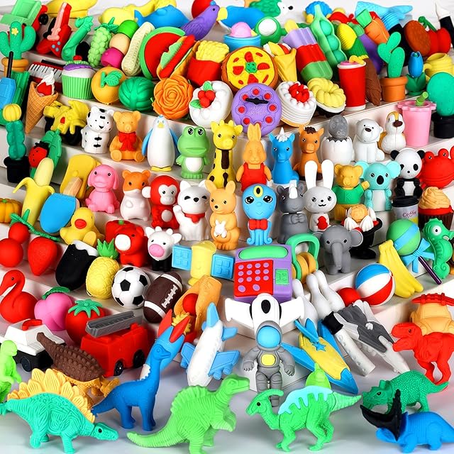 The 130Pcs Animal Erasers Kids Desk Pets Pencil Erasers 3D Puzzle Bulk Mini Animal Food Eraser Toys Fun Cute Eraser for Classroom Rewards, Game Prizes, Treasure Box, Easter Egg Fillers