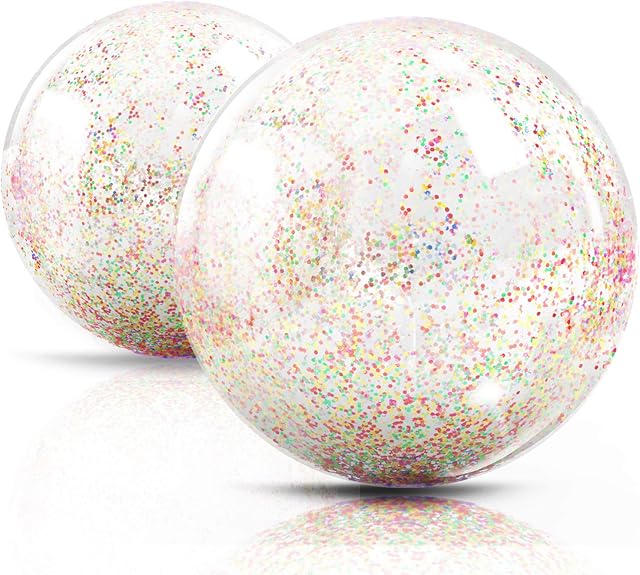 The Novelty Place Inflatable Clear Sports Beach Balls with Rainbow Sequin Glitter & Confetti - Summer Beach Pool Party Toy Volleyball Soccer Game & More - 2 Pcs Giant Value Pack (16 in & 12 in)