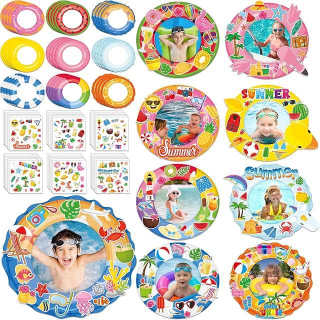The 54 Packs Summer Picture Frames Craft Kits Swim Ring DIY Photo Frame Crafts Hawaiian Paper Art Craft with Stickers for Kid Pool Beach Summer Theme Party Activities Game School Classroom Decor Supplies