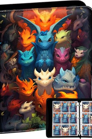 The Premium Sports Card Trading Binder, PU Leather Cover with Multi Colored Dragons, 900 Card Capacity, 50 Double Sided 9 Pocket Sleeves, 3 Ring Metal Binder, Zipper & Handle Design.