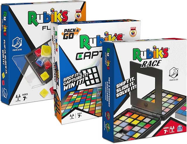 The Rubik’s Cube, Pack & Go, 3-Pack Bundle of Games, Race, Flip, Capture, 2 Players, Amazon Exclusive, Problem-Solving Strategy Games, Travel-Sized Puzzles for Adults & Kids Ages 7 & Up