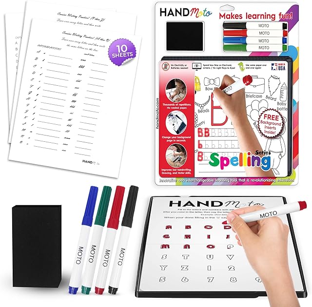 The HandMoto Spelling – Preschool Learning Activities & Preschool Books for 3 Year Olds with 10 Spelling Sheets, 4 Markers & 1 Eraser, Kids Activity Book & Kindergarten Workbooks for Early Education