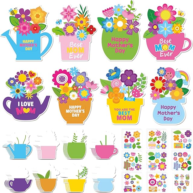 The ANGOLIO Mother's Day Craft Kit for Kids - 40Sets Mother's Day Flowers DIY Paper Craft Kit Make Your Own Flower Pot Hanging Ornaments with Floral Stickers for Mom Ladies Classroom DIY Art Activities