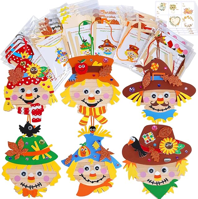 The Winlyn 24 Sets Fall Craft Stick Scarecrow Head Making Kits DIY Popsicle Stick Scarecrow Heads Ornaments Art Sets for Kids Autumn Decorations Halloween Harvest Season Art Project Classroom Activities