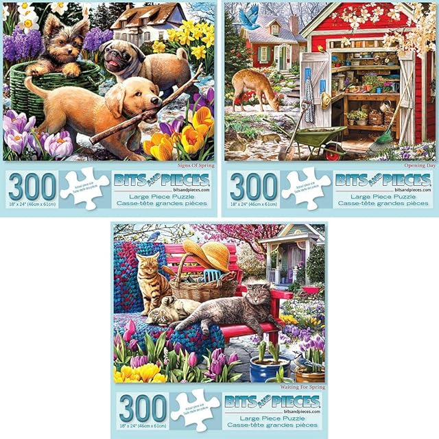 The Bits and Pieces - Value Set of Three (3) - 300 Piece Jigsaw Puzzles for Adults - Spring Collection Large Piece Jigsaws by Artist Larry Jones - 18? x 24?