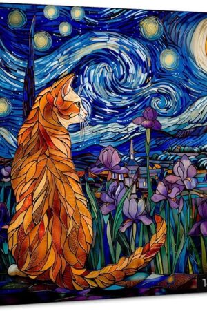 The PICKFORU Stained Glass Puzzles: 1000 Pieces, Adults' Cat Lovers' Jigsaw Puzzle - Purple Iris Flowers, Starry Night, Moonlit Cat Flower