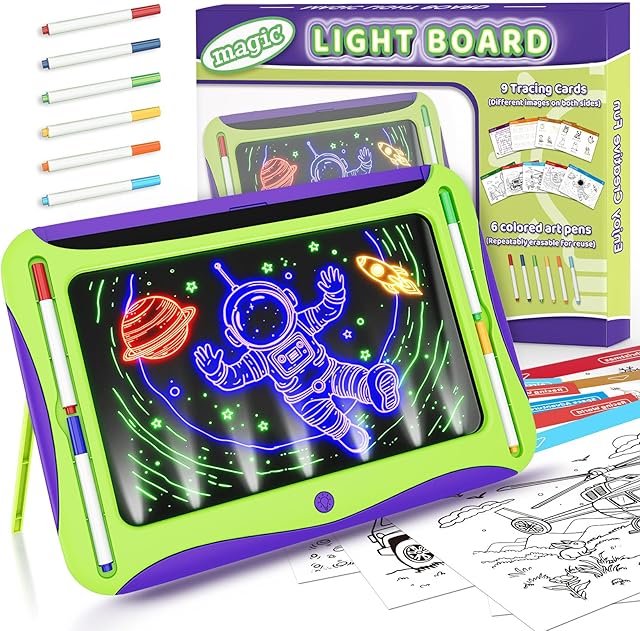 The LED Drawing Board for Kids, Magic Toys for Boys Glow in The Dark, Light Up Tracing Pad with 9 Dual-Sided Card, 6 Marker,Doodle Writing Tablet Boy Learning Toy, Art and Craft Kit Easter Birthday Gift