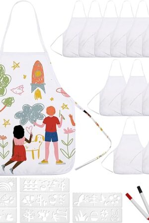 The Pllieay 26 PCS DIY Kid Aprons Toddler Painting Apron with Colored Pen and Stencils For Crafts White Aprons for DIY Craft