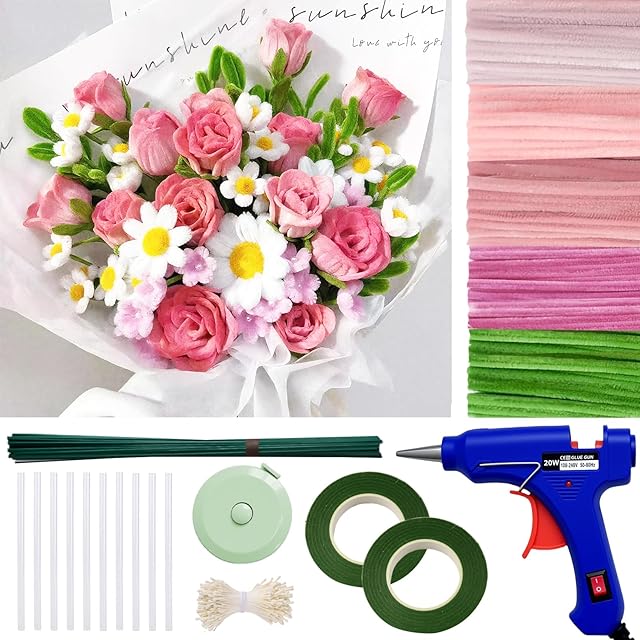 The 500 Pcs Pipe Cleaners for DIY Flowers & Crafts – 5 Colors Chenille Stems with Glue Guns & Tape Measure – Perfect for Family Fun & Creativity, Holiday & Room Decorations (Pink, 12in x 8mm)