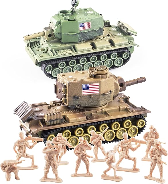 The 1:72 U.S Army Tank & Army Men Toys Playset, Includes 2pc US Tank-7 Models with 10pc Toy Soldiers, Desert Tan and Olive Drab Green, Perfect Military Toy for Boys