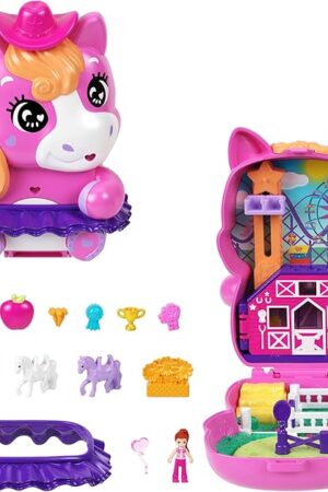The Polly Pocket Dolls and Playset, Pony Rodeo Compact, Travel Toy with 1 Micro Doll, Pet Horses, Food & Fashion Styling Accessories