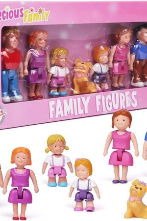 The Playkidz Family Figures - Set of 7 Small Toy People for Dollhouse Play, Includes Parents, Sibling, and Pet - Doll House Accessories for Children