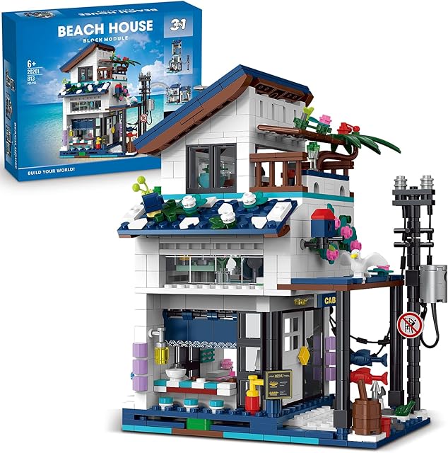 The 3 in 1 City House Building Sets,Creative Modern House with Light,Seaside Beach Villa Japanese Style Cottage Friends Vacation Hut Building Blocks Toys for Kids Ages 6+