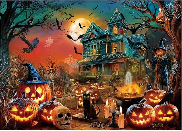 The Rocorose Jigsaw Puzzle for Adults 1000 Pieces, Halloween Nightmare Puzzle Scary Ghost Jack - o - Lanterns Jigsaw Puzzles Haunted Mansion and Pumpkins