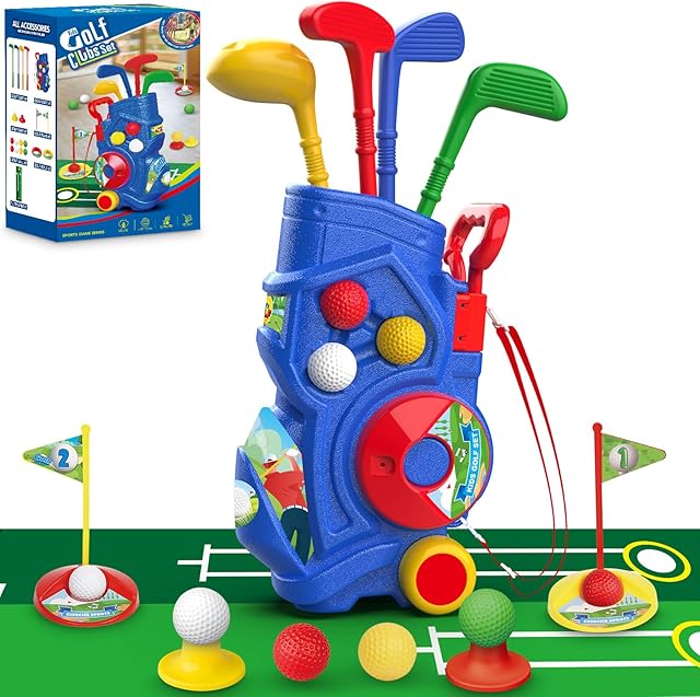 The Toddler Golf Set, Kids Golf Clubs with Putting Mat, Toys for Boys 3 4 5+ Years Old, Sports Golf Toys with 4 Clubs, 8 Balls, 2 Practice Holes, Shoulder Strap, 20 PCS, Blue (LE-W-GOLF-BOY)