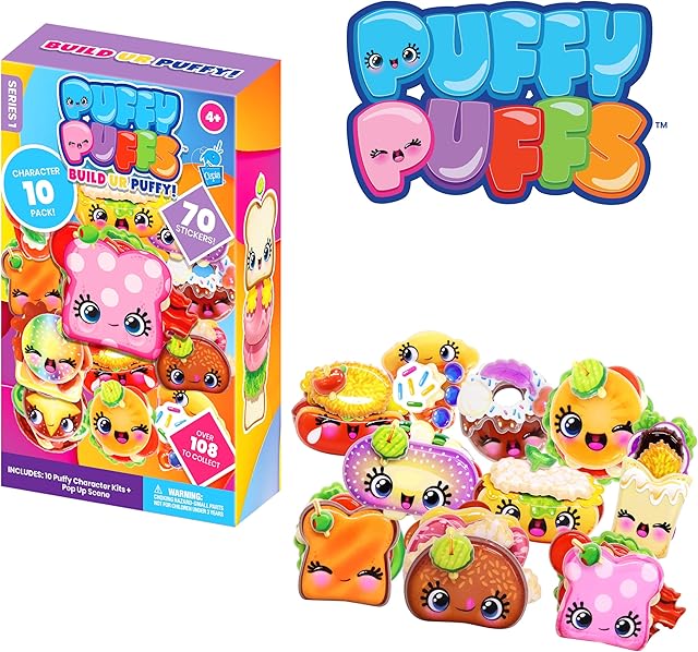 The Puffy Puffs (10 Pack) – 3D Collectible Puffy Characters for Kids, 70+ Stickers to Create 100s of Fun Foodie Creations – Craft, Classroom, Party & Gift Ages 4,5,6,7,8,9