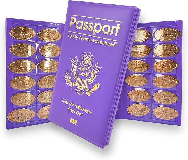 The Penny Passport to My Penny Adventures - Pressed Penny Souvenir Collecting Book - Holds 48 Coins - Vegan Leather - Every Book Ordered Comes with a Mystery Penny as a Gift (Purple Burple)