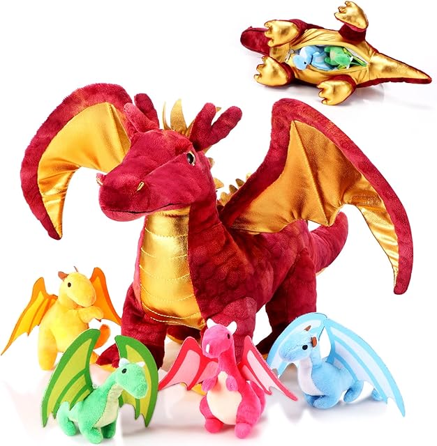 The Lenwen 5 Pcs Dragon Plush Toys 16 Inch Stuffed Mommy Dragon Plush with 4 Babies in Zippered Belly for Kids Boys Girls Birthday Gifts Party Decoration Classroom Award