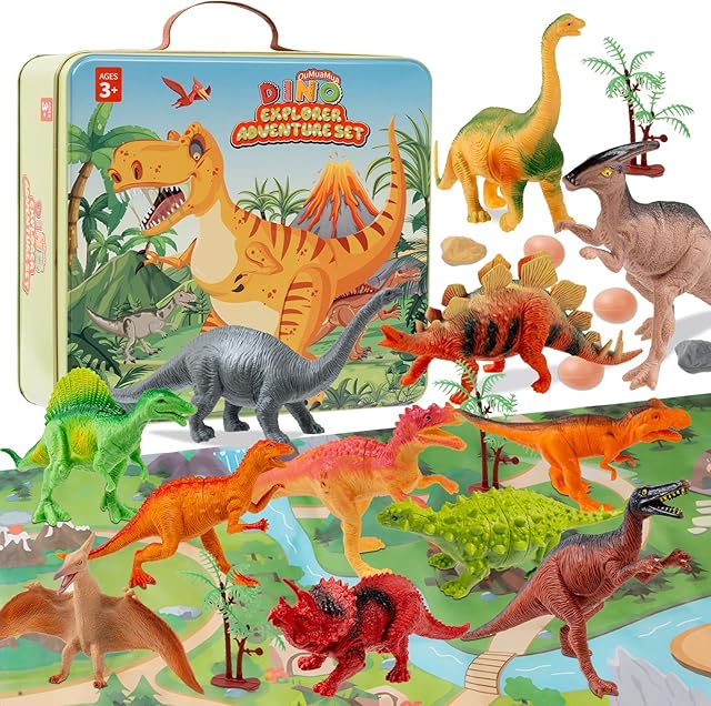 The OuMuaMua Dinosaur Toys for Kids 3-5, Plastic Dinosaur Figures Set with Activity Play Mat Dinosaurs Eggs Storage Box for Boys Girls Party Favors Supplies, 5-7 Inch