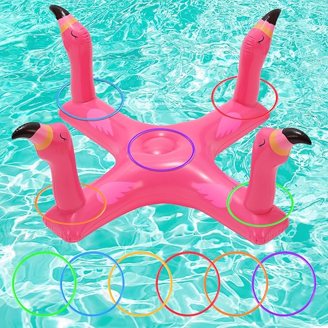 The Inflatable Pool Ring Toss Games Toys, Floating Shark Flamingo Swimming Pool Ring with 6Pcs Rings, Swimming Pool Games for Kids Adults Summer Pool Party