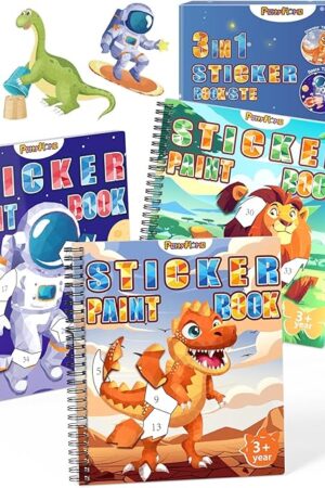 The PERRYHOME 3PCS Sticker by Number Paint Books for Kids Ages 4-8, Dinosaur Animal Space Themes Sticker Activity Books, Boys Crafts Party Birthday Christmas Gifts Toys