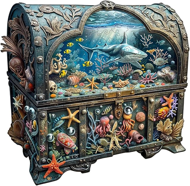 The Wooden Puzzles for Adults - Treasure Chest Ocean Wooden Jigsaw Puzzle, Unique Shape Ocean Wood Puzzles Adult, Gifts for Family and Friends, Wall Art Home Decor (S-8.5 * 8.3in- 100 Pieces)