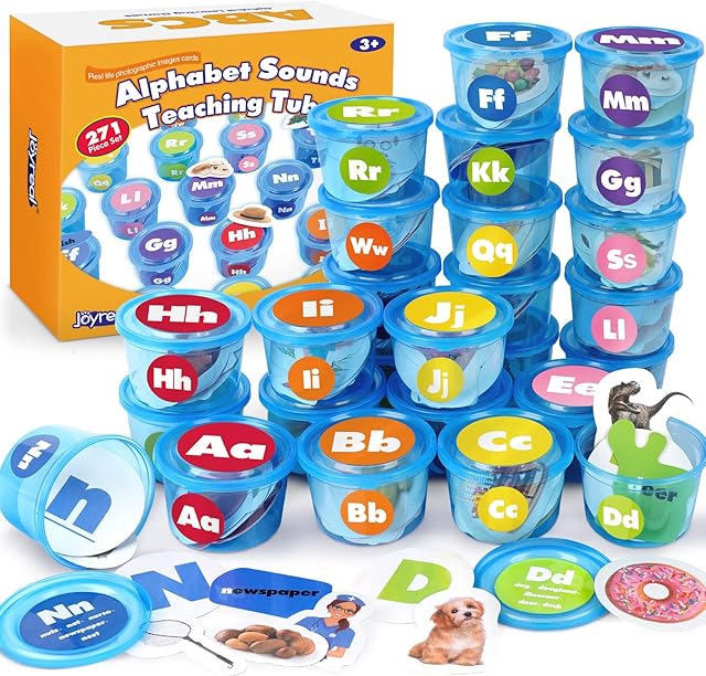 The Joyreal Alphabet Learning Toys - ABC Sorters Tubs with Flash Cards, 271 PCS Toddler Preschool Learning Activities, Educational Games
