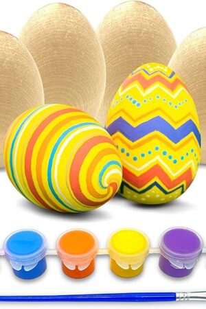 The Perfect Stix Easter Egg Decorating Kit – (6) 2" Flat-Bottom Wooden Eggs with 6-Color Tempera Paint & Brush – Fun DIY Arts & Crafts for Kids