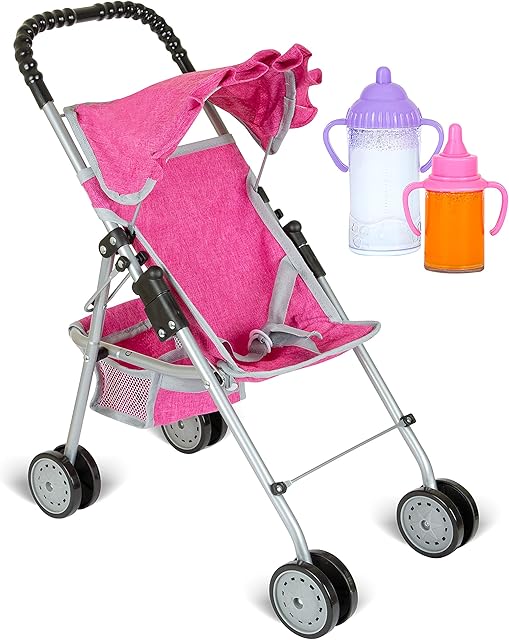 The fash n kolor Doll Stroller with Basket, My First Denim Pink Foldable Baby Doll Umbrella Doll Stroller Fits Upto 18" Dolls, Gift Toys for Girls,Baby Doll Accessories Include 2 Free Magic Bottles