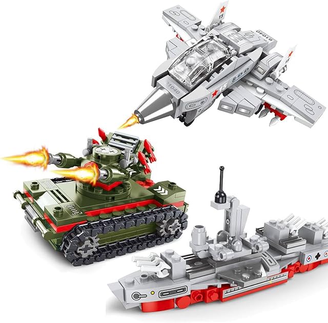 The WW2 Military Toy Building Block Set, 3IN1 Fighter Jets & Tanks & Destroyers, Compatible with Lego, Perfect Army Airplane Toy Gift for Boys, and Teens Aged 8-14(Sea Land and air 409PCS)
