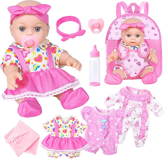 The DONTNO 12 Inch Baby Doll with Backpack Carrier and Accessories,Reborn Baby Doll Includes 3 PCS Clothes and Bottles,Nipple,Burp Cloth,First Baby Dolls for Toddlers 36 Months and Up