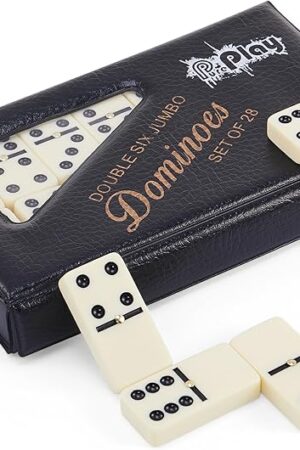 The PUREPLAY Jumbo Classic Dominoes Double 6 Game Set，Ivory 28pcs Domino Set in Poatable PVC Case-Family Nights,Party Favors,Travel and Anytime Use,2-4 Players