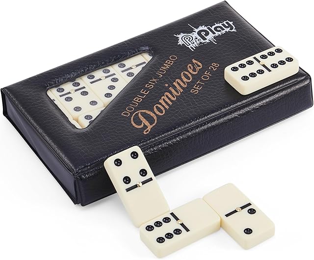 The PUREPLAY Jumbo Classic Dominoes Double 6 Game Set,Ivory 28pcs Domino Set in Poatable PVC Case-Family Nights,Party Favors,Travel and Anytime Use,2-4 Players