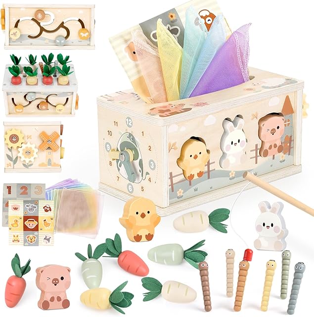 The Joyreal 8-in-1 Montessori Tissue Box Toy for Baby 12 Months - Neutral Color Wooden Activity Cube for Boys and Girls First Birthday Gifts - Sensory Toy for Toddlers 1-3 Preschool Learning Education