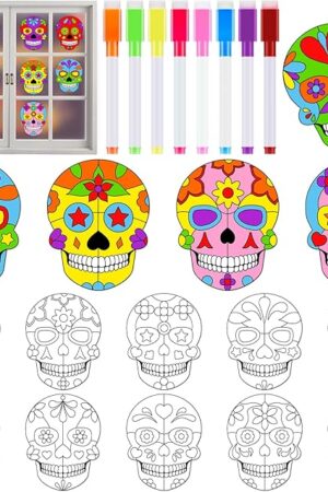 The Qyeahkj 30 Set Day of The Dead Arts Crafts for Kids Skull Suncatchers Craft Kit Dia De Los Muertos DIY Coloring Craft Window Cling Sticker with Markers Party Gift for Home Classroom Decor for Kids