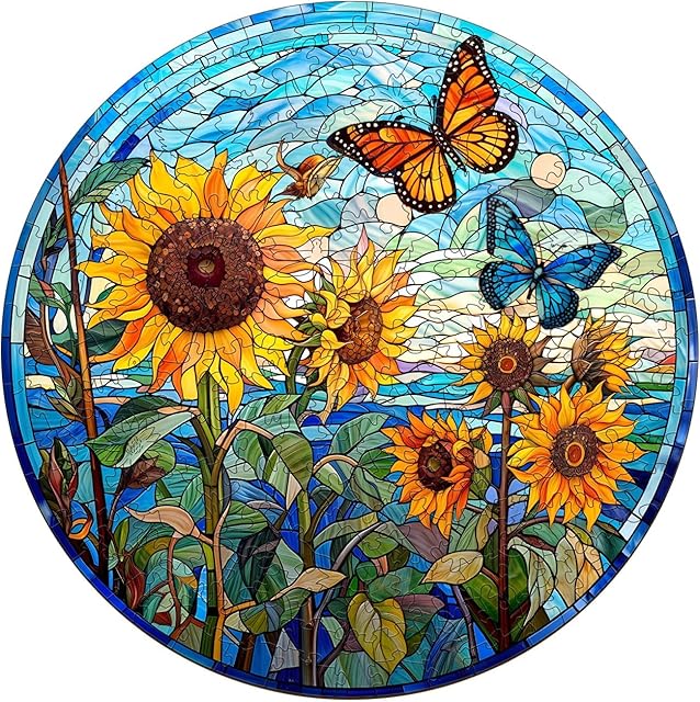 The Wooden Puzzles for Adults - Glass Sunflower Wooden Puzzle, Unique Shaped Wood Jigsaw Puzzles for Adults, Wood Puzzles Adult, Perfect for Birthday Gift, Family Puzzle, 200 Piece 11.4 x 11.4in, Medium