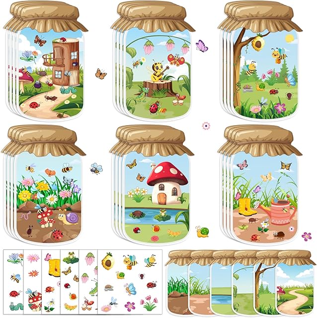 The 24Pack Spring Craft Bugs Scene Stickers Summer Art Craft Make A Bug Jar Scene with Insect Butterfly Frogs Bee Flower Sticker for Fun Spring Party Supplies Summer Party Games Classroom Activities