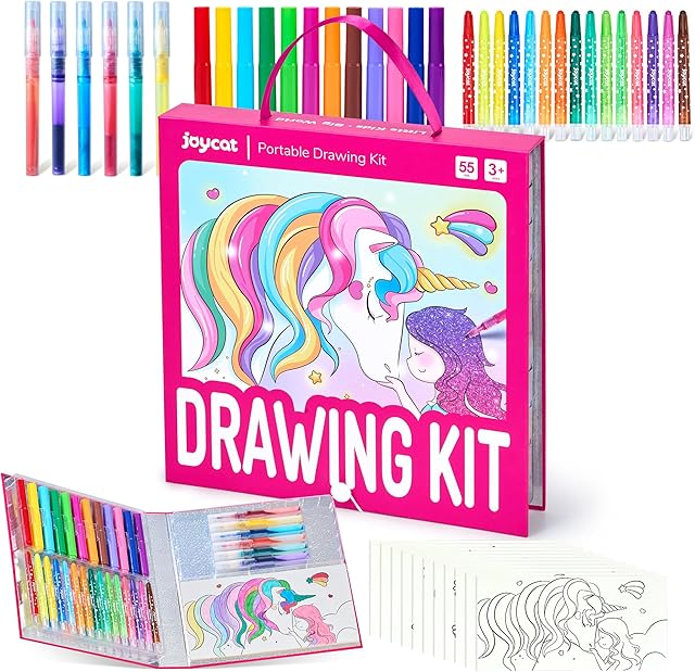 The JoyCat Magical Unicorn Drawing kit for Kid,55 Pcs Stationery Kit with Washable Scented Marker&Twist Crayon,Glitter Marker,Ideal Gift for Girl Aged 4-10,Fun and Creative Art & Craft Supply