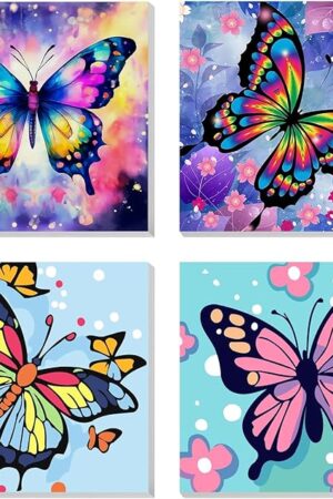 The Reivworl 4 Pack Paint by Numbers Kit for Kids with Frame Ages 5-8-12, Butterfly Paint by Number with Frame, Painting by Numbers for Gifts and Home Decor (8X8 Inch)
