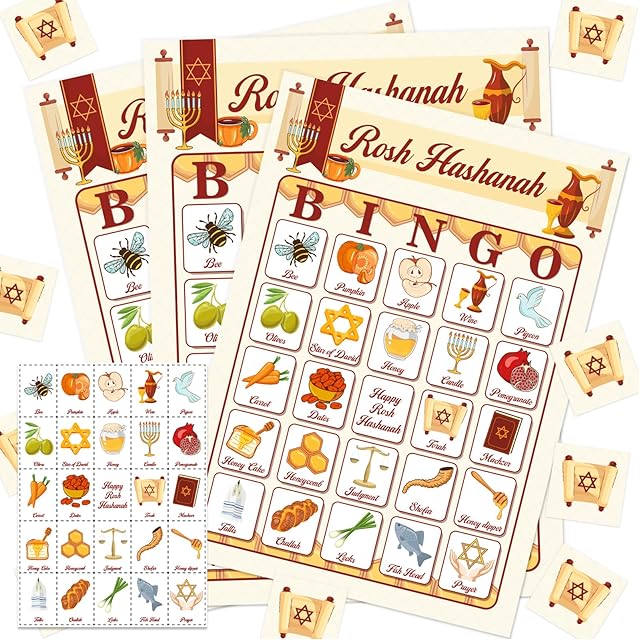 The 37Pcs Rosh Hashanah Bingo Jewish New Year Party Games 24 Players for Family Classroom Activities Jewish Holiday New Year Games Party Supplies
