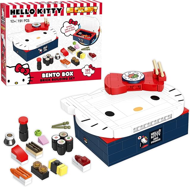 The Officially Licensed Sanrio Hello Kitty bento Box with Detailed face and mini Sushi Builds Included 191 Pieces Multicolored Brick Building Set