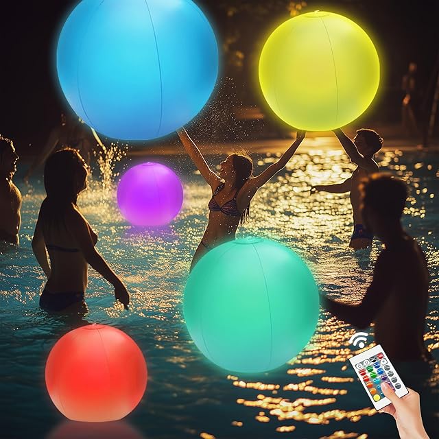 The 4-Pack 16? LED Light-Up Beach Balls, Glow-in-The-Dark Floating Pool Toys with 16 Colors, 4 Modes & Remote, Inflatable Fun for Kids Adults,Pool Parties Beach Games Backyard Events & Nighttime Decor