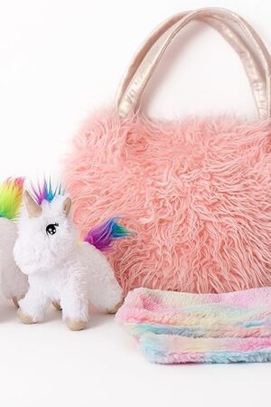 The Perfectto Design Unicorn Toy for Girls Age 3-10; 4 PCS Set - Mommy and Baby Stuffed Animals, Bag and a Doll Blanket. Unicorn Gift for 3-8 Year Old Birthdays and Christmas