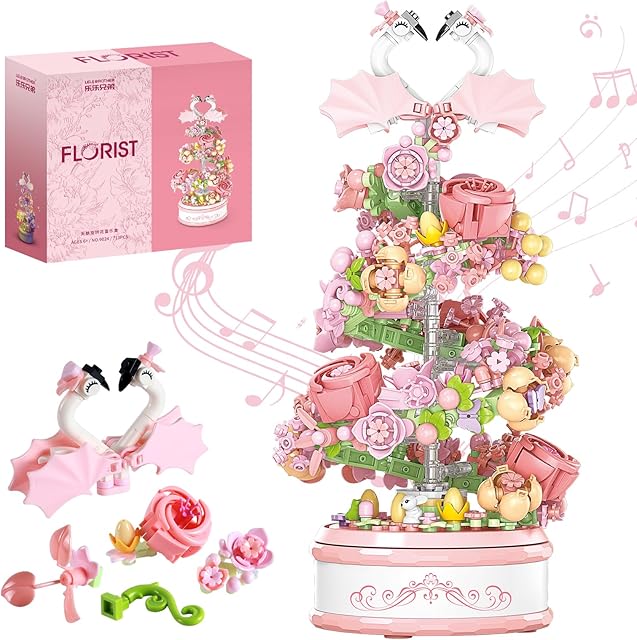 The Flowers Music Box Building Block Kit with Light-713PCS Decoration Rotating Music Box Building Set,Botanical Collection Mother's Day, Valentine and Birthday Gifts for Girls Boys Adults Kids Ages 6+